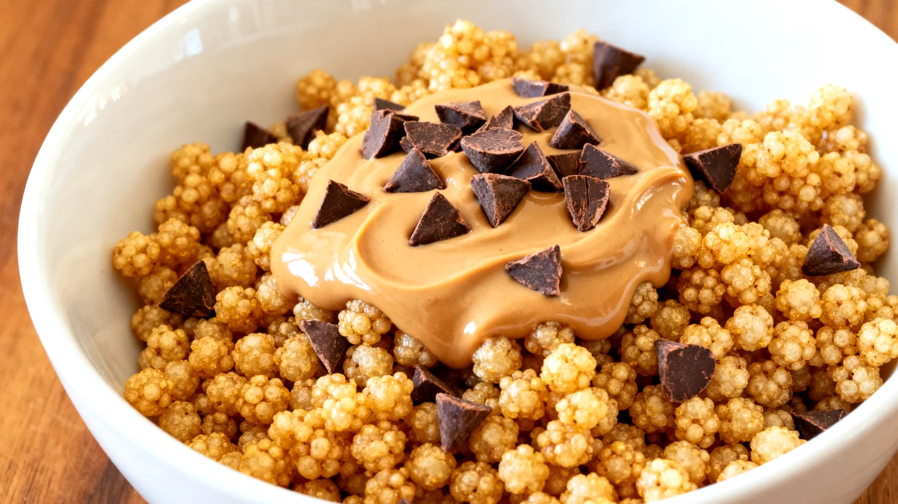 Amaranth-Puffs mit Mandelbutter und Kakao-Nibs"