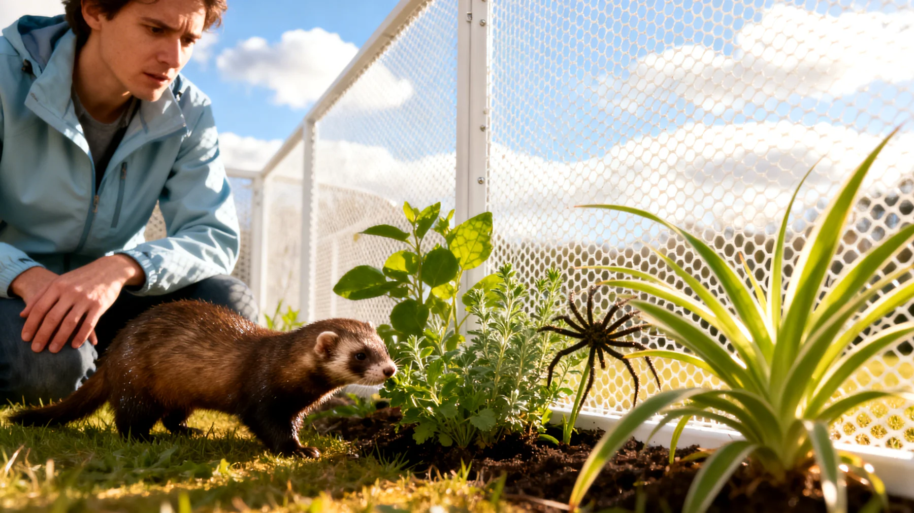Frettchen benötigen eine strukturierte tägliche Routine mit ausreichend Auslauf außerhalb des Käfigs, aber der Garten birgt spezifische Gefahren wie Fluchtmöglichkeiten durch kleine Öffnungen, giftige Pflanzen und Raubtiere, weshalb ein sicherer Freilauf-Bereich geschaffen werden muss"